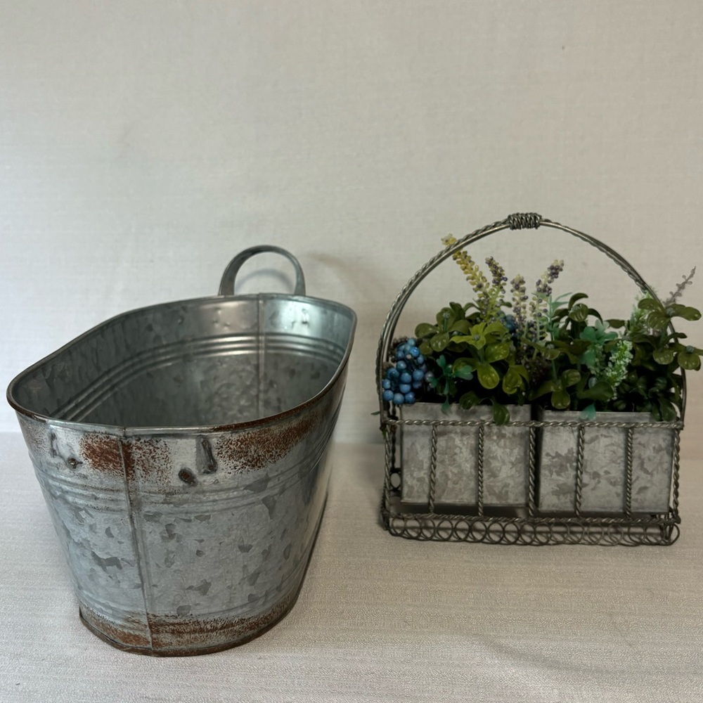 Aged galvanized oval metal bucket & handled floral basket with removable vases
